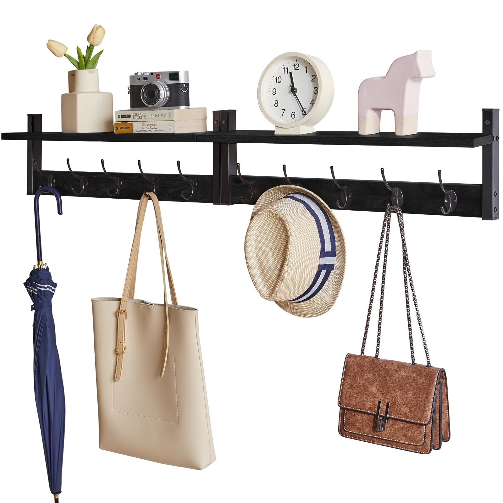 YMYNY Wall Mounted Coat Rack Shelf Set of 2, Entryway Coat Hanger with 10 Hooks, Floating Shelf with Hat Rack, Kitchen, Bedroom, Bathroom, Black 120 × 11× 19.5CM HWS004B-2