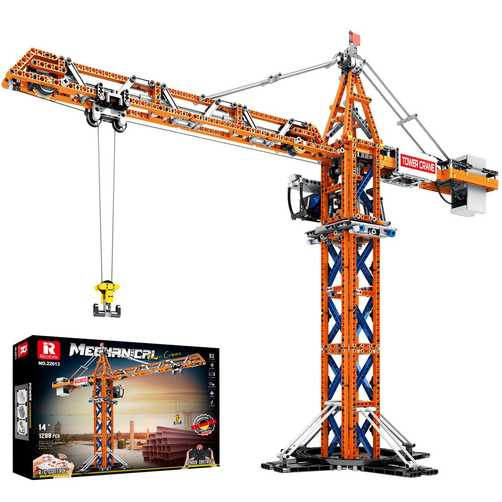 Reobrix RC Crane Building Block with Motors, Tower Crane Construction Block Vehicle Model, 22013 Technical Heavy Hobby Engineering Kits Colleciton Gift for Adults Men Teens 14+ (1288Pcs)