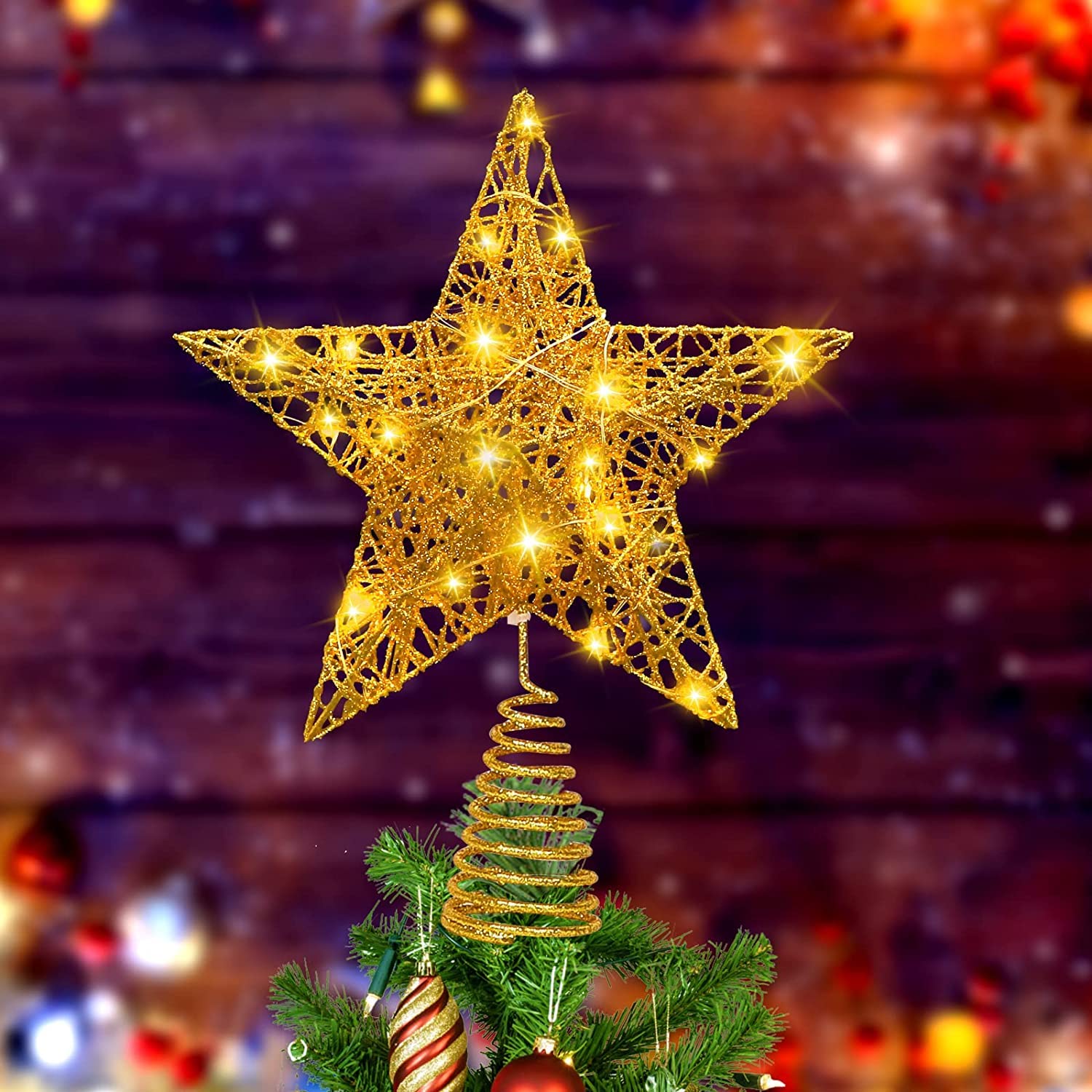 Christmas Star Tree Topper, Warm Star Lighted Xmas Tree Toppers Glittered Star-shaped Metal Treetop Snowflake Decorations Projector for Indoor Outdoor Christma Tree