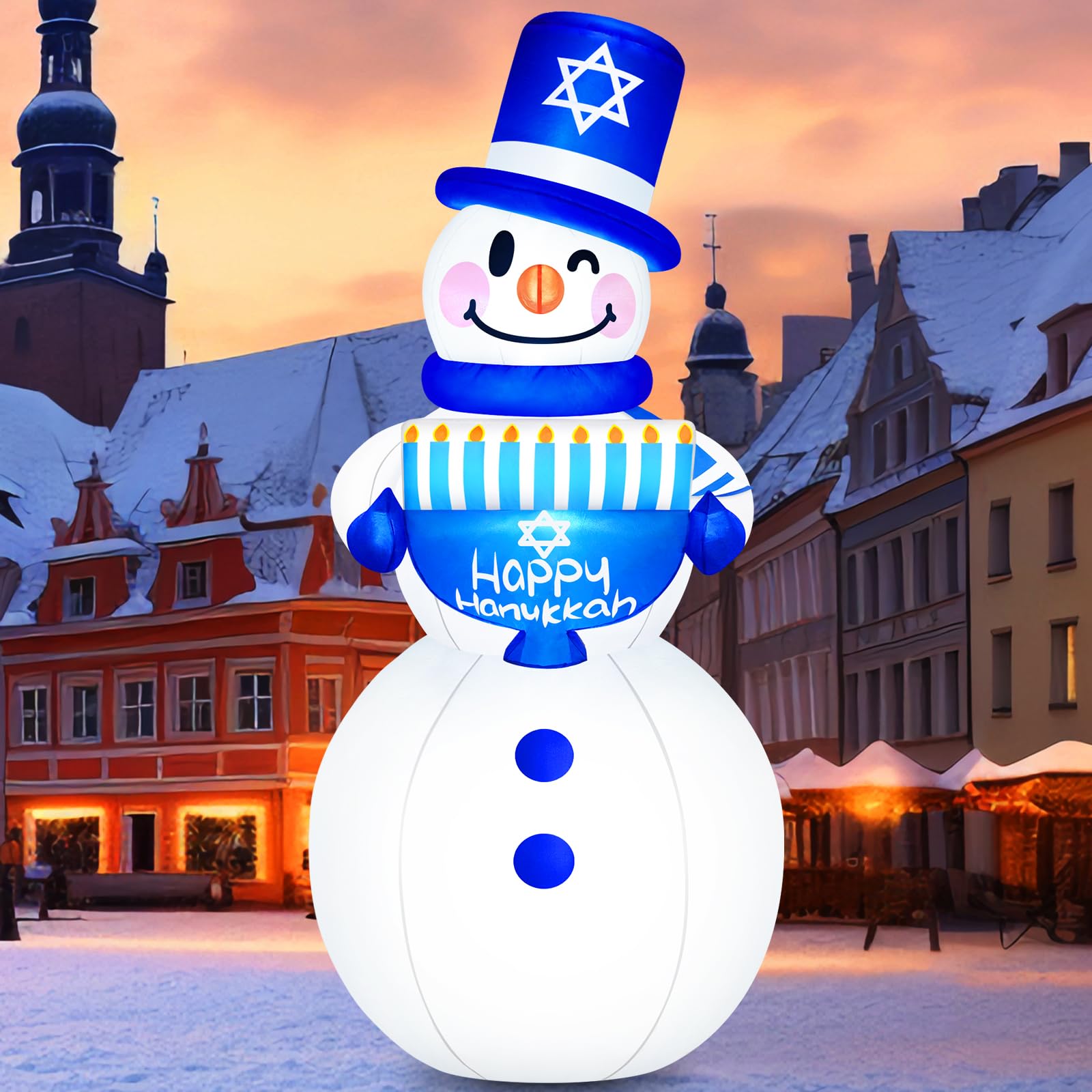 Photo 1 of ***MISSING PLUG*** Danxilu 6 FT Hanukkah Inflatable Outdoor Snowman Holding Menorah Decorations, Build in LEDs & Tethers Stakes Inflatable Snowman Blow Up Yard Decoration for Holiday Party Indoor Patio Lawn