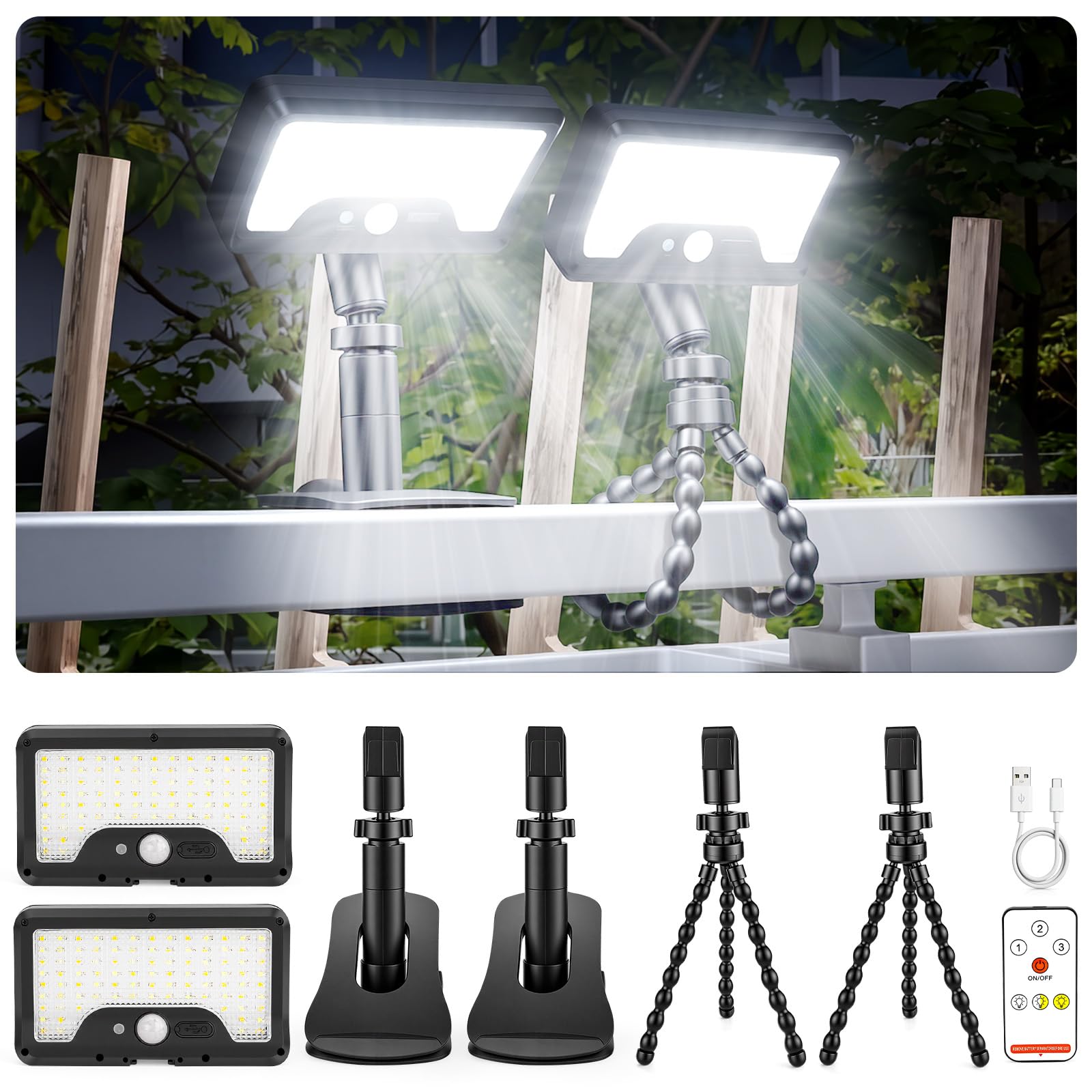 Photo 1 of 2 Pack Clip On Solar Lights Outdoor with Octopus Tripod, 3 Color Temps & Remote Control, Motion Sensor Fence Lights Solar Powered, IP65 Waterproof Security Light for Outside, Deck, Gutter, Camping