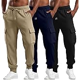 August Alley 3 Pack Men's Cargo Sweatpants Relaxed Fit Drawstring Elastic Waist Joggers Active Tapered Pants with Pockets