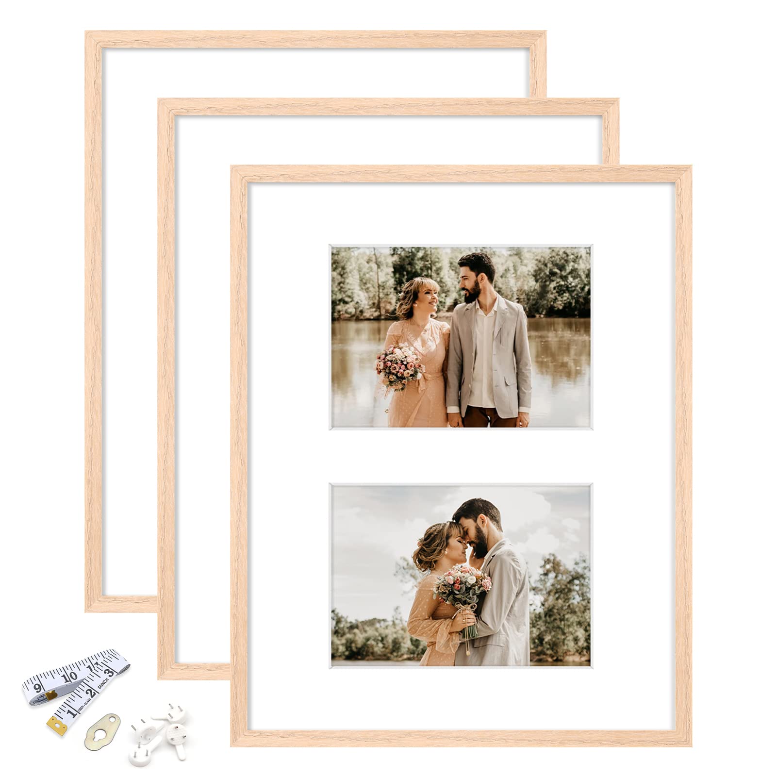 Photo 1 of 11x14 Picture Frame, OAK Wood Photo Frame 8x10 with Mat or 5x7 with 2 Mat with Perspex Glass for Vertical or Horizontal Tabletop Wall Display for Photo, Painting, Poster, Set of 3
