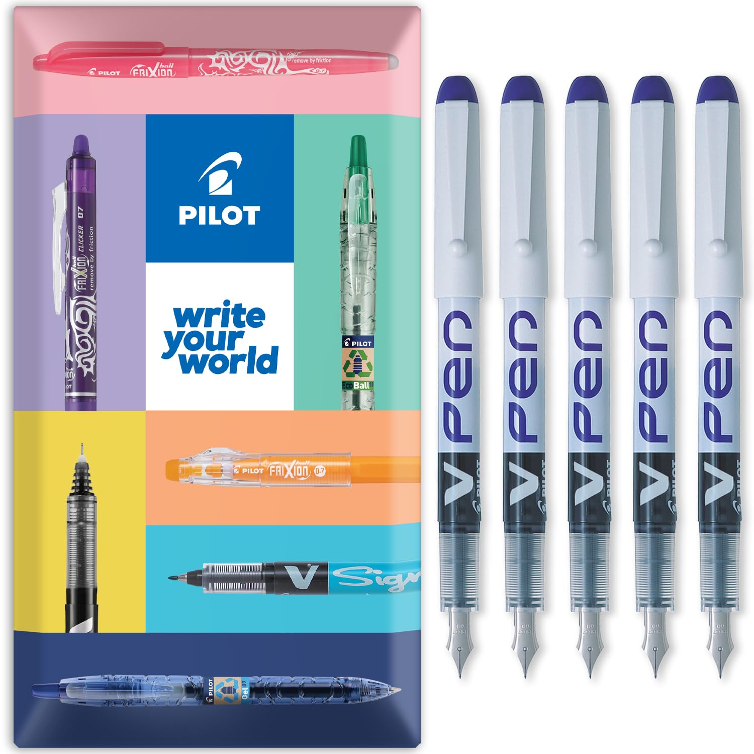 PILOT V PEN - Erasable Disposable Fountain Pen - 0.6mm Nib Tip - Medium Line - In Envelope Gift Packaging - Pack of 5 - Violet Ink