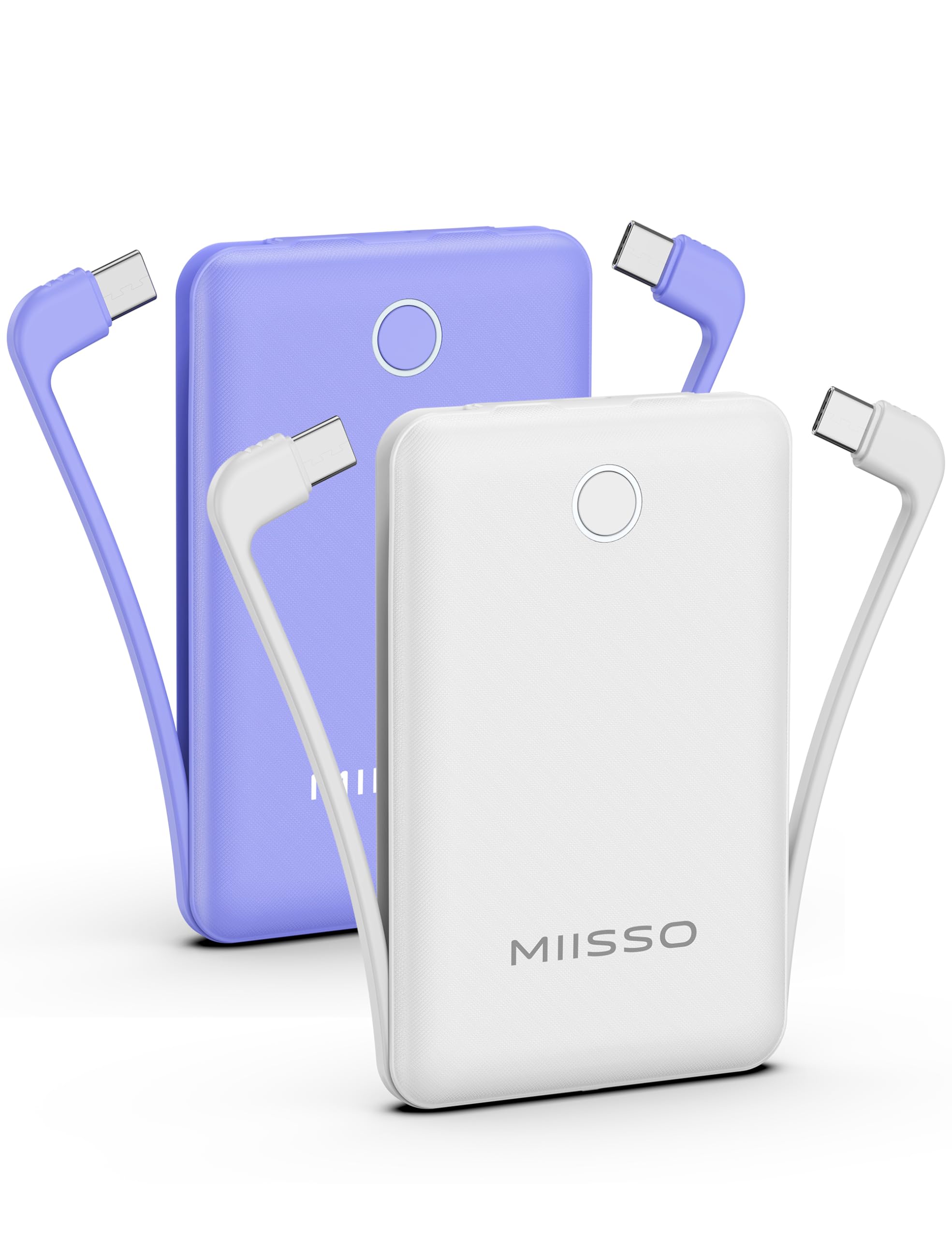 10000mAh Compatible with iPhone 15/16/17 and Android, Slim Portable Charger with Built in Cable, Power Bank Travel Charger External Battery Pack for Phone, 3 Output USB Type C, 2 Pack White & Purple