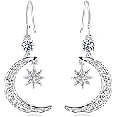 Moon and Star Pendant Drop Earring for Women, Dainty Trendy Gold Plated Cubic Zirconia Dangle Eearrings Jewelry Gift