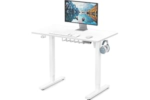 SHW 40 x 22 Inches Electric Height Adjustable Sit to Stand Desk with Hanging Hooks and Cable Management, 100 x 55 cm, White