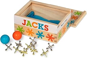 Melissa & Doug Jacks Game with 10 Playing Pieces and 2 Balls in Wooden Storage Box, Great Gift for Girls and Boys - Best for 