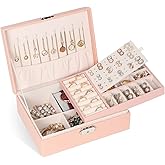 Jewelry Box for Women Girls, 2 Layers Jewelry Organizer Container with Lock, PU Leather Storage Case with Removable Tray, Jewelry Display Box for Necklaces Earrings Bracelets Rings Watches (Pink)