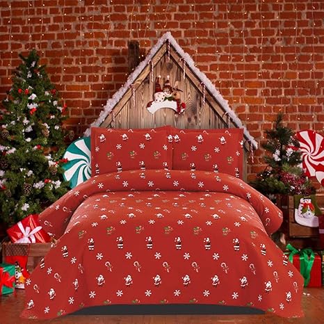 Amazon Co Jp Jessy Home クリスマス寝具セット キングサイズ クリスマスキルト 軽量 クリスマスベッドスプレッド ホリデー寝具 スノーフレーク サンタクロース プリント キルト リバーシブル ベッドカバー 素朴なロッジ クリスマス ベッドカバー レッド Kitchen