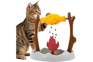 Cat Campfire Treat Slow Feeder, Campfire Fish Cat Toy with 3 Different Feeding Ports, Unique Rotatable Roast and Flame, Easy 