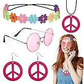Gjinxi 5PCS Hippie Costume Accessories Set 60s 70s Retro Peace Sign Sunglasses, Bohemian Earrings, Sunflower Pendant Necklace & Floral Headband for Women, Halloween Party, Music Festival Cosplay Pink