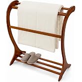 Leinuosen Wood Quilt Rack with 3 Rungs, Free Standing Blanket Holder for Living Room Bedroom Bathroom, 16.69" D x 30" W x 36" H, Retro Curved Ladder Design, Solid Wood, Antique Walnut Finish