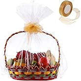 50 Packs Large Clear Cellophane Basket Bags 24" x 30" Cellophane Basket Gift Bags Heavy-duty Plastic Wrapping Paper for Gifts, Arts, Crafts, Treats, Gold Chiffon Ribbon