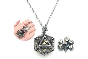 PJOY Mini Dice Set Tiny DND Dice with Black Gold Hollow D20 Necklace Case D&D Portable 7PCS Keychain Antique Iron Metal Dice Set for Role Playing Dice Games as Dungeons and Dragons Gifts