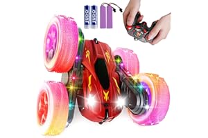 28°C 28℃ Remote Control Car, RC Cars with Sides Light Strip and Headlights New Upgraded 2.4GHz Stunt RC Car, 4WD Double Sided 360° Rotating, RC Toy Cars Xmas Gifts for Kids Boys Girls Deluxe Edition Red