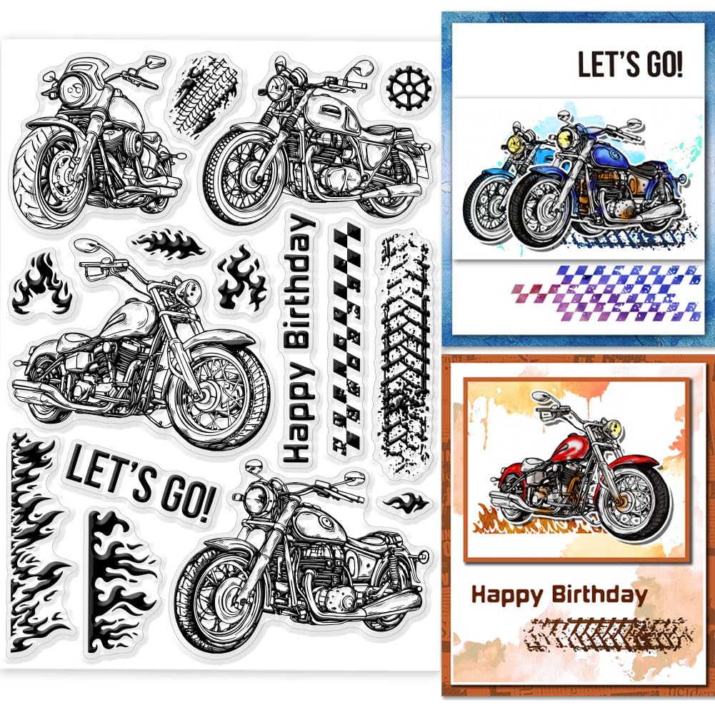 GLOBLELAND Motorcycle Clear Stamps for DIY Scrapbooking Motorcycle Tyre Flames Silicone Stamp Seals Transparent Stamps for Cards Making Photo Album Journal Home Decoration 8.27×5.83inch