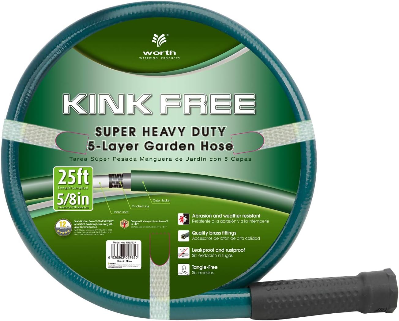 Worth Garden 5/8 in. x 25' Garden Hose - 25FT Durable PVC Non Kinking Heavy Duty Water Hose with Brass Hose Fittings - Dark Green - H155B37