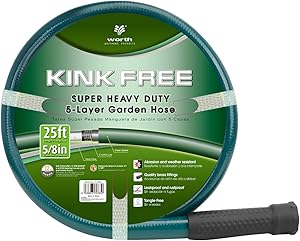 Worth Garden 5/8 in. x 25' Garden Hose - 25FT Durable PVC Non Kinking Heavy Duty Water Hose with Brass Hose Fittings - Dark Green - H155B37