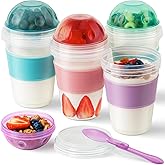 Freshmage 4 Pack 20 oz Yogurt Parfait Cups with Lids, Reusable Overnight Oats Containers with Lids, Folding Spoons and Topping Compartment for Breakfast to Go