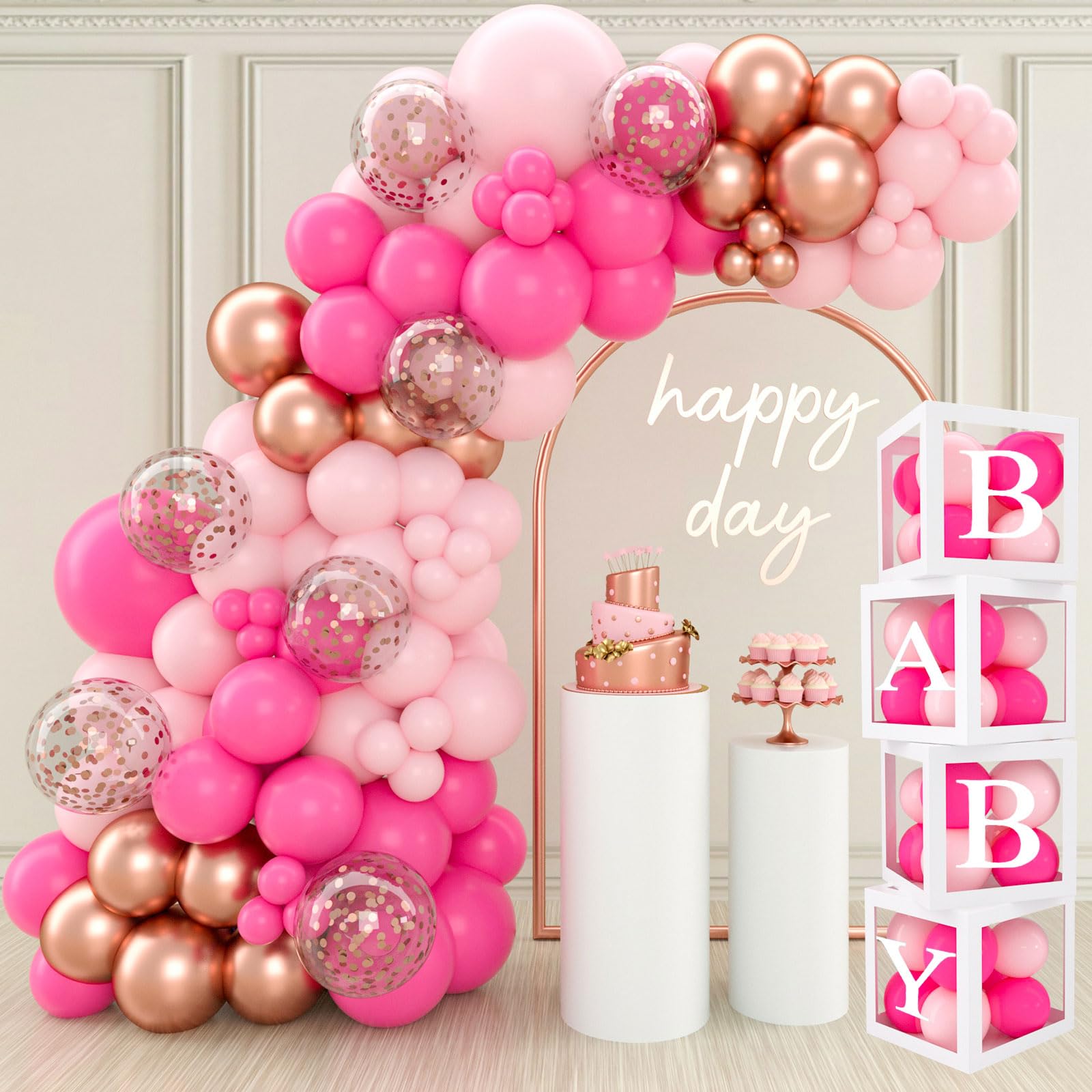 QIFU Baby Shower Decorations Girl - 4Pcs Transparent Baby Balloon Boxes with "B"+26 Letters and Pink Gold Balloons Arch, Baby Boxes for Baby Shower Girls Welcome Baby Girl Decorations Gender Reveal