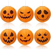 DECYOOL 6 Pcs Halloween Paper Lanterns, 8 Inch Spooky Orange Decor Set | Halloween Pumpkin Paper Lantern, 3D Hanging Lanterns for Party Decorations, Seasonal Home Classroom Outdoor Yard Ornaments