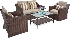 SUNCROWN 4 Piece Outdoor Patio Furniture Conversation Set Rattan Wicker Chairs with Glass Top Table All-Weather and Thick Cushion Covers(Brown)
