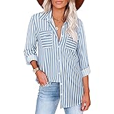 Cestyle Womens Striped Button Down Shirt Roll-up Long Sleeve Fall Blouses Collared Tops Casual