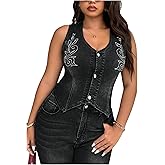 Floerns Women's Plus Size Embroidery Denim Vest Sleeveless Button Down Jean Waistcoat