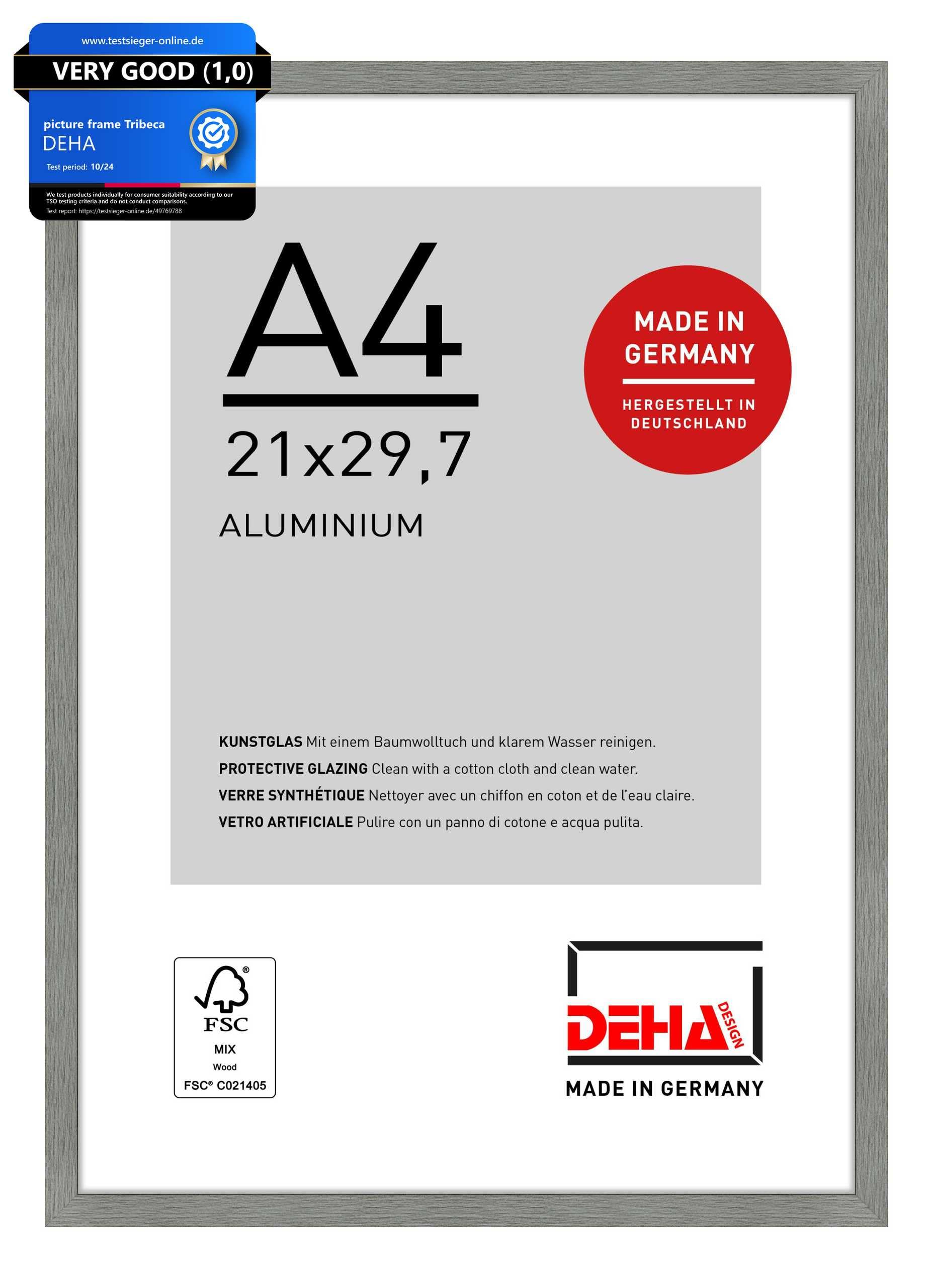 DEHA Design Tribeca Aluminium Picture Frame - A4 (21x29.7 cm) – Brushed Grey - with Synthetic Glass and Push/Turn Clips