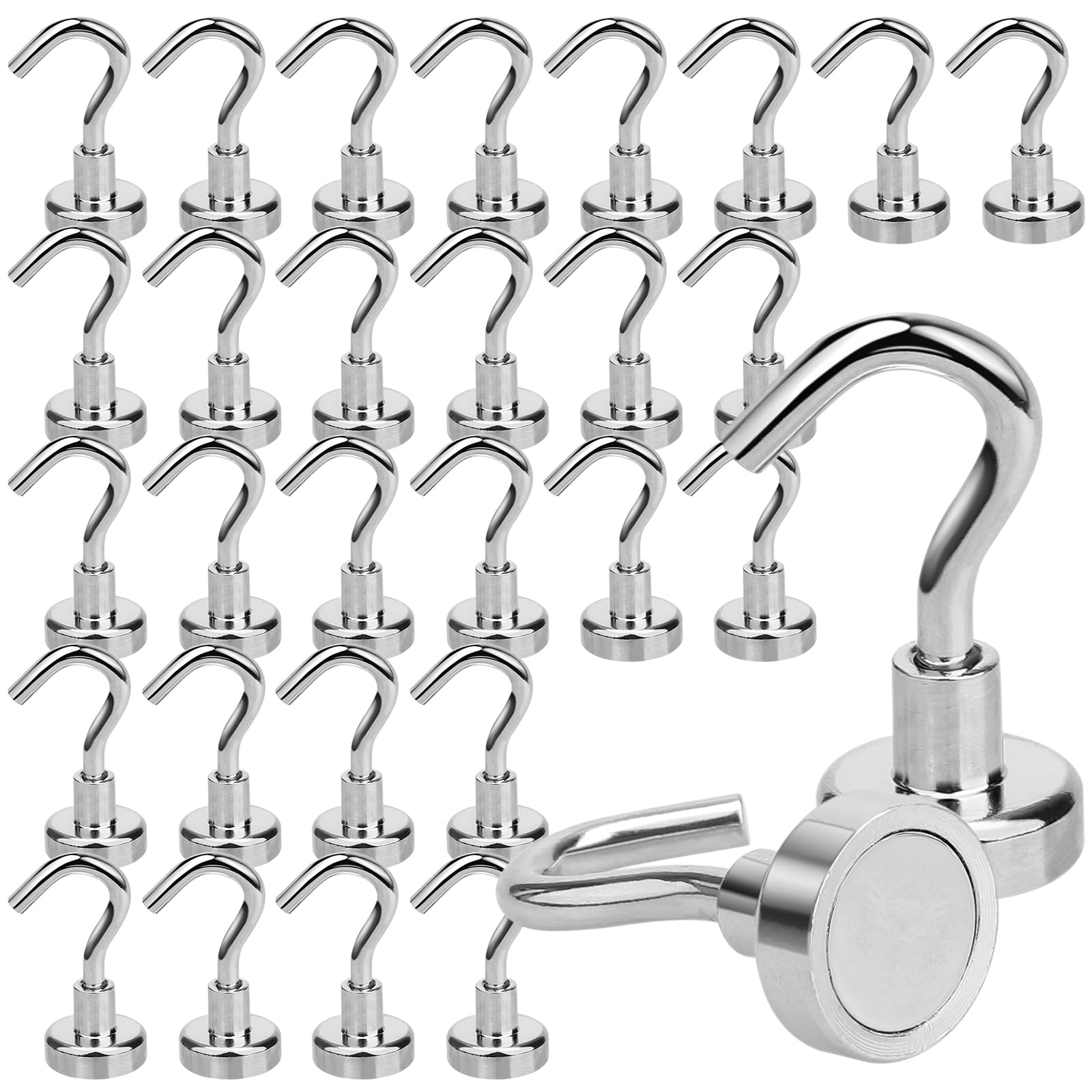 Orchideeknc Magnetic Hooks Load Capacity, Neodymium Strong Magnet Hook, Silver Magnetic Hooks for Fridge (30, 16mm (8KG/17.6LBS))