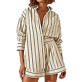 Tankaneo Womens 2 Piece Outfits Striped Long Sleeve Button Down Collared Shirt Matching Shorts Sets