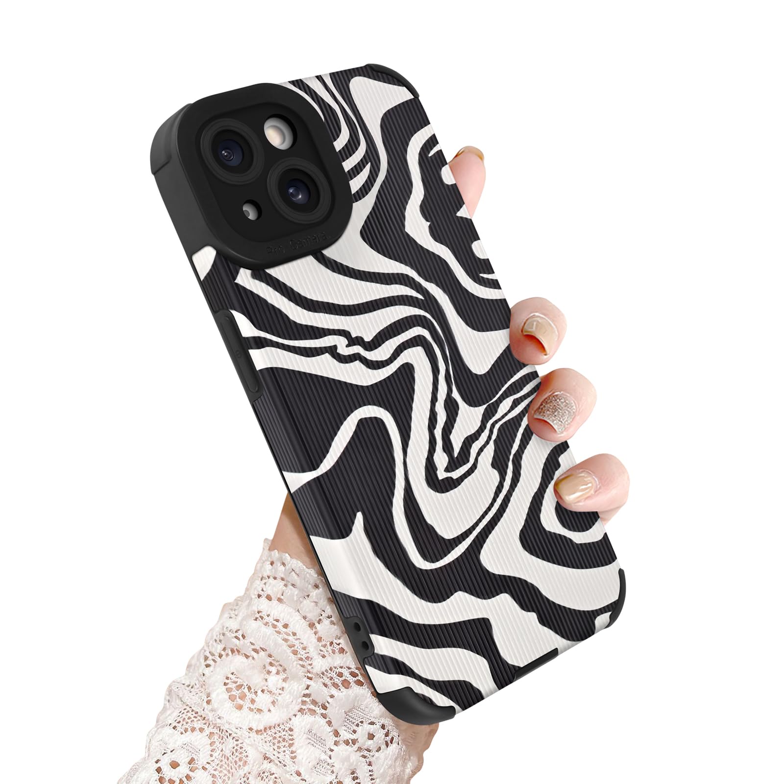 Newseego Custodia Compatibile con iPhone 15, Cuore Nero Simpatico Amore Tinfoil Texture Ragazze Donne Morbido TPU Profilo Sottile Cover Antiscivolo Antiurto per iPhone 15-Bianco