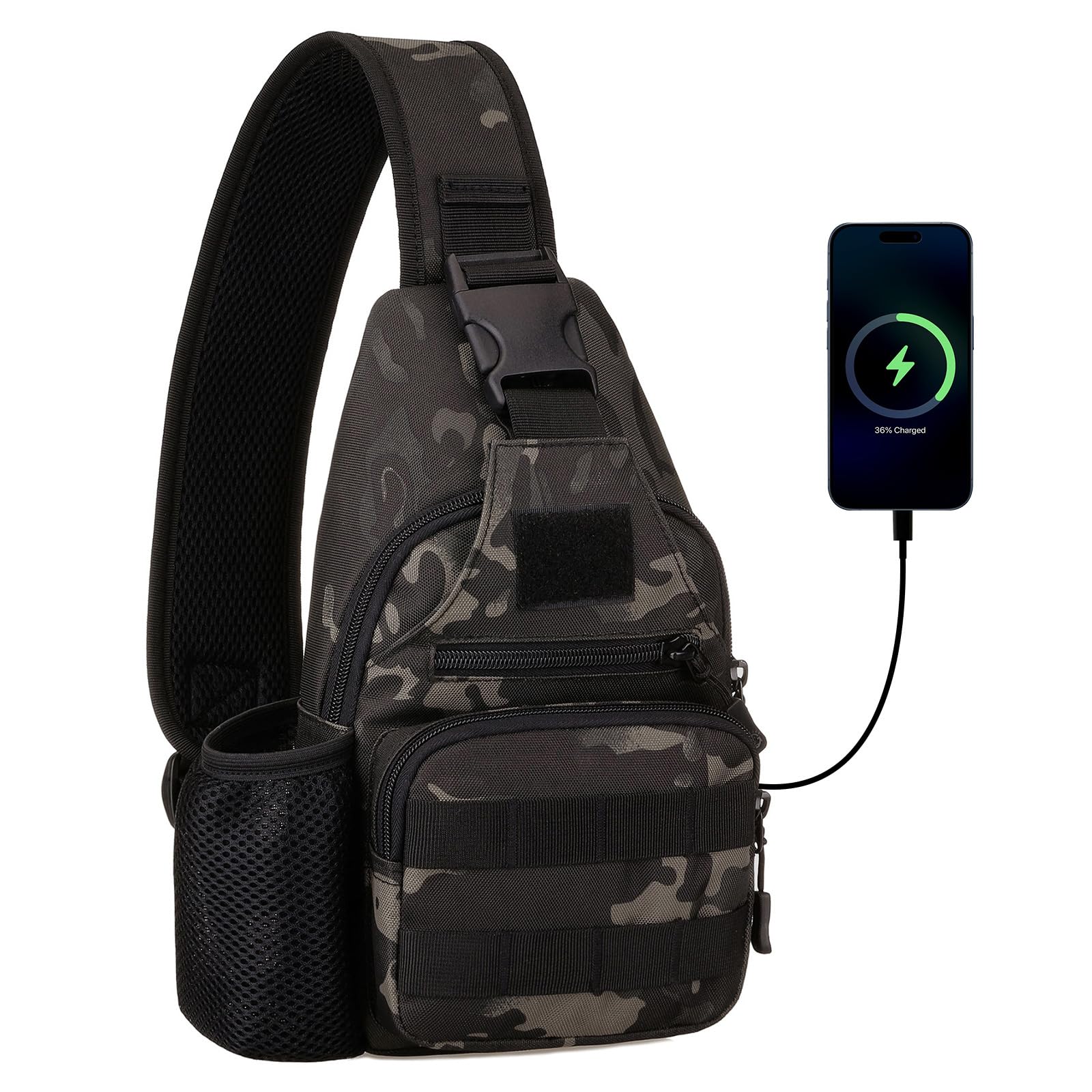 HUNTVP Tactical Military Chest Bag Molle Crossbody Shoulder Sling Pack Backpack with Water Bottle Holder USB Outlet, Camo