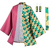 IOONCHI Tanjirou Robe Adult Green Plaid Cloak Kamado Tanjirou Cosplay Costume Color Block Kimono Cardigan Jacket Earrings Set