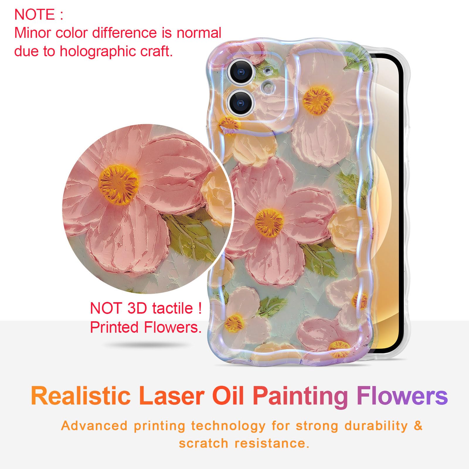 EYZUTAK Case for iPhone 11, Colorful Retro Oil Painting Printed Flower Laser Beam Glossy Pattern Cute Curly Waves Border Exquisite Phone Cover Stylish Durable TPU Protective Case for Girls Women-Green - Image 2