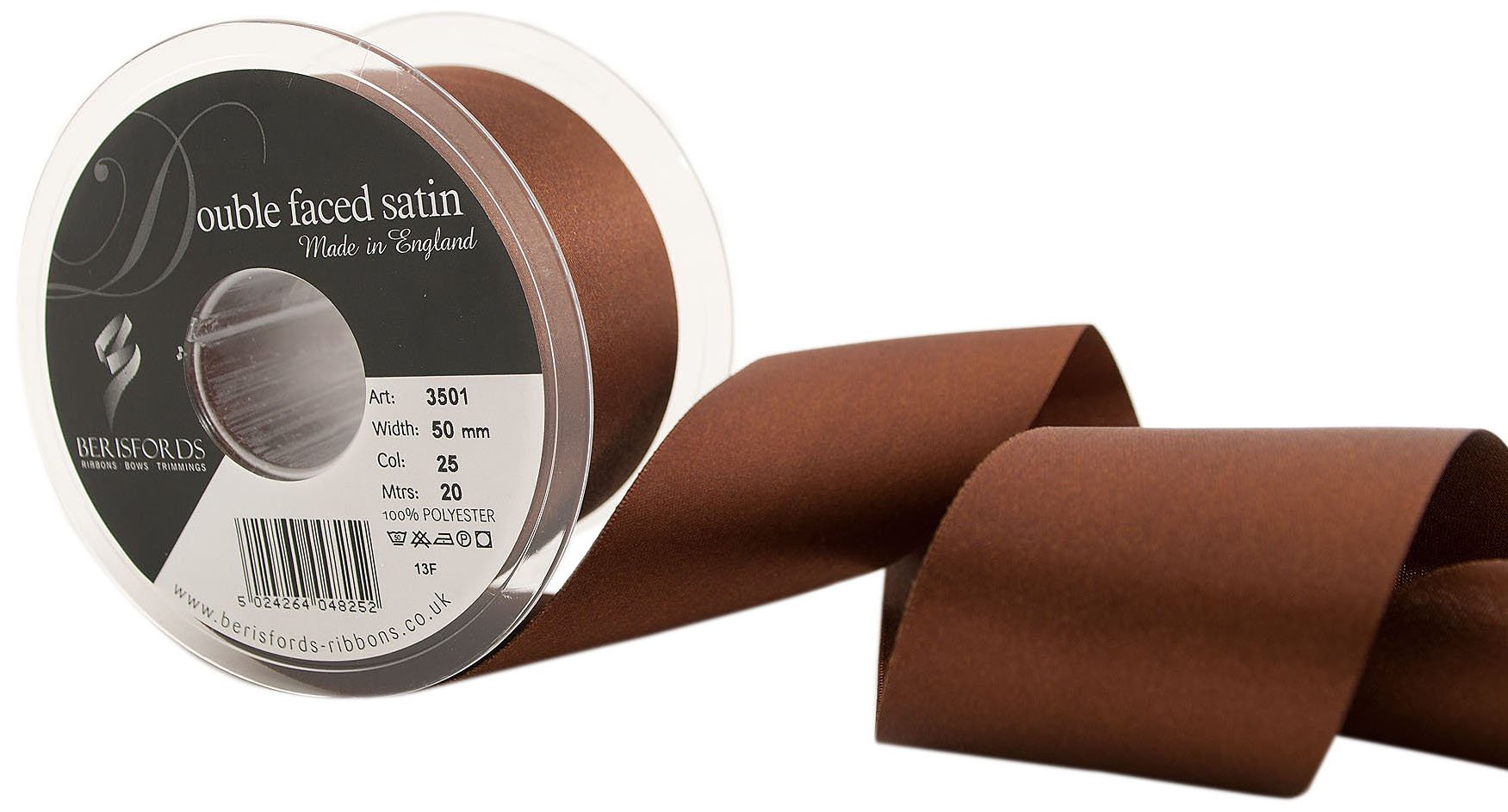 Berisfords 3501 Double Satin Ribbon, 25 Dark Brown, 20 m — image 1