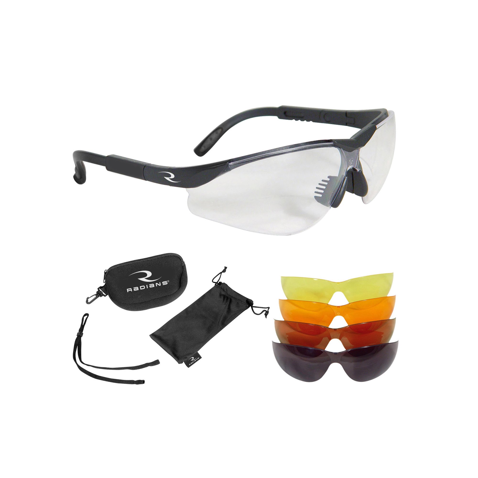 Radians T-85 Glasses with Case/Cloth Bag/Neck Cord, Black Frame, Clear/Copper/Amber/Orange/Green Mirror Lens, T-85, Glasses, Black Frame, Clear, Copper, Amber, Orange, Green Mirror, Case/Cloth Bag/Neck Cord