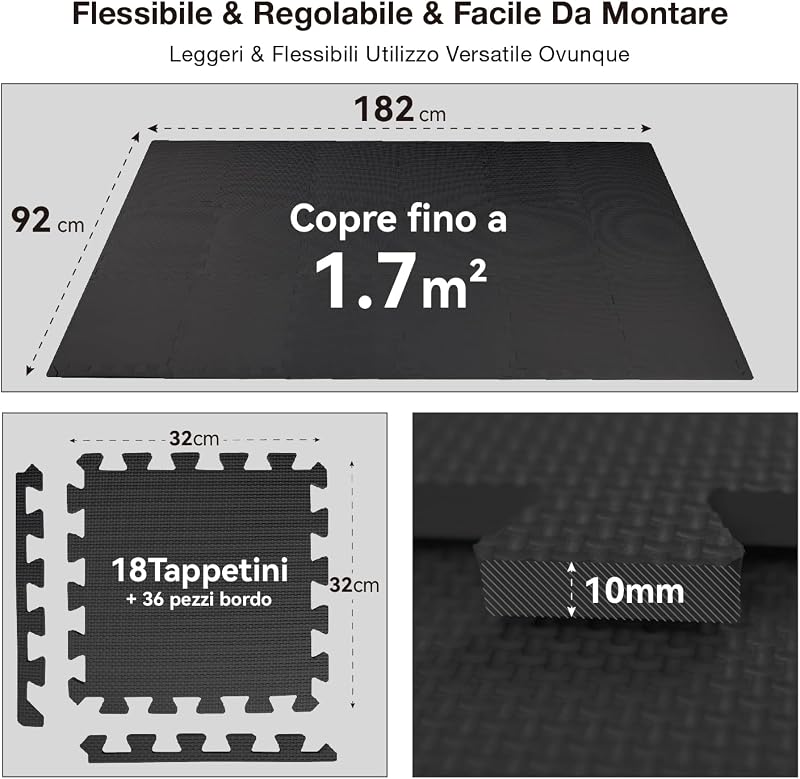Set da 18 Pezzi Tappeto Palestra Puzzle in EVA ad Alta Densità, Ammortizzante e Antiscivolo, Ideali per Fitness, Yoga e Sport, Perfetti per Home Gym e per il Pavimento della Palestra, 30x30 cm