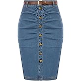 Belle Poque Denim Pencil Skirt for Women Ruched Bodycon Jeans Skirt with Belt High Waisted Pencil Skirts