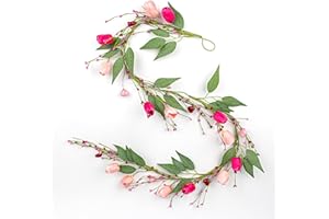 DIYFLORU 5 FT Valentine Garland Valentines Garlands Valentines Day Garlands Pink Floral Garland with Tuilps Heart Berry for Valentine's Day Indoor Wedding Party Stairs Table Fireplace Mantel