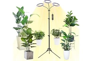 Yadoker Tri-Head LED Plant Light, Full Spectrum Grow Lamp, 8/12/16H Timer, 10 Dimmable Levels, 7 Switch Modes, Adjustable Tripod Stand, 15-66 inches