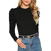 Remidoo Women's Solid Round Neck Puff Long Sleeve Slim Fit T Shirt Tops