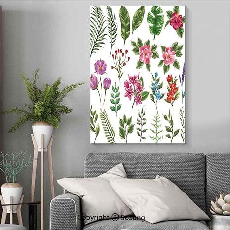 Amazon 植物 印刷者 アートフレーム モダン 50x70cm 木製パネル付 絵 絵画 インテリア 壁掛け 壁飾り 風水 玄関 木枠付きの完成品 エキゾチックな花とシダのセット植物の要素植物の葉装飾的な葉シダ緑多色 ウォールステッカー オンライン通販