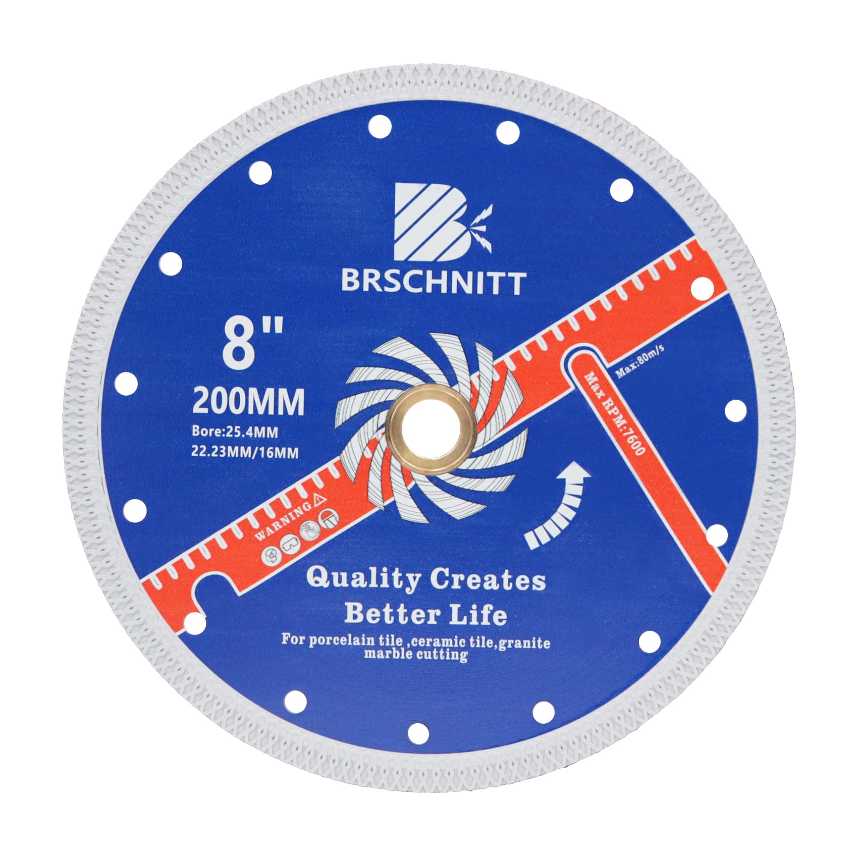 Super Thin Diamond Cutting Disc with X Teeth,BRSCHNITT 200mm x Arbor 25.4mm-22.23mm-16mm Tile Cutting Disc for Dry/Wet Cutting Porcelain Tile Ceramic Marble Granite