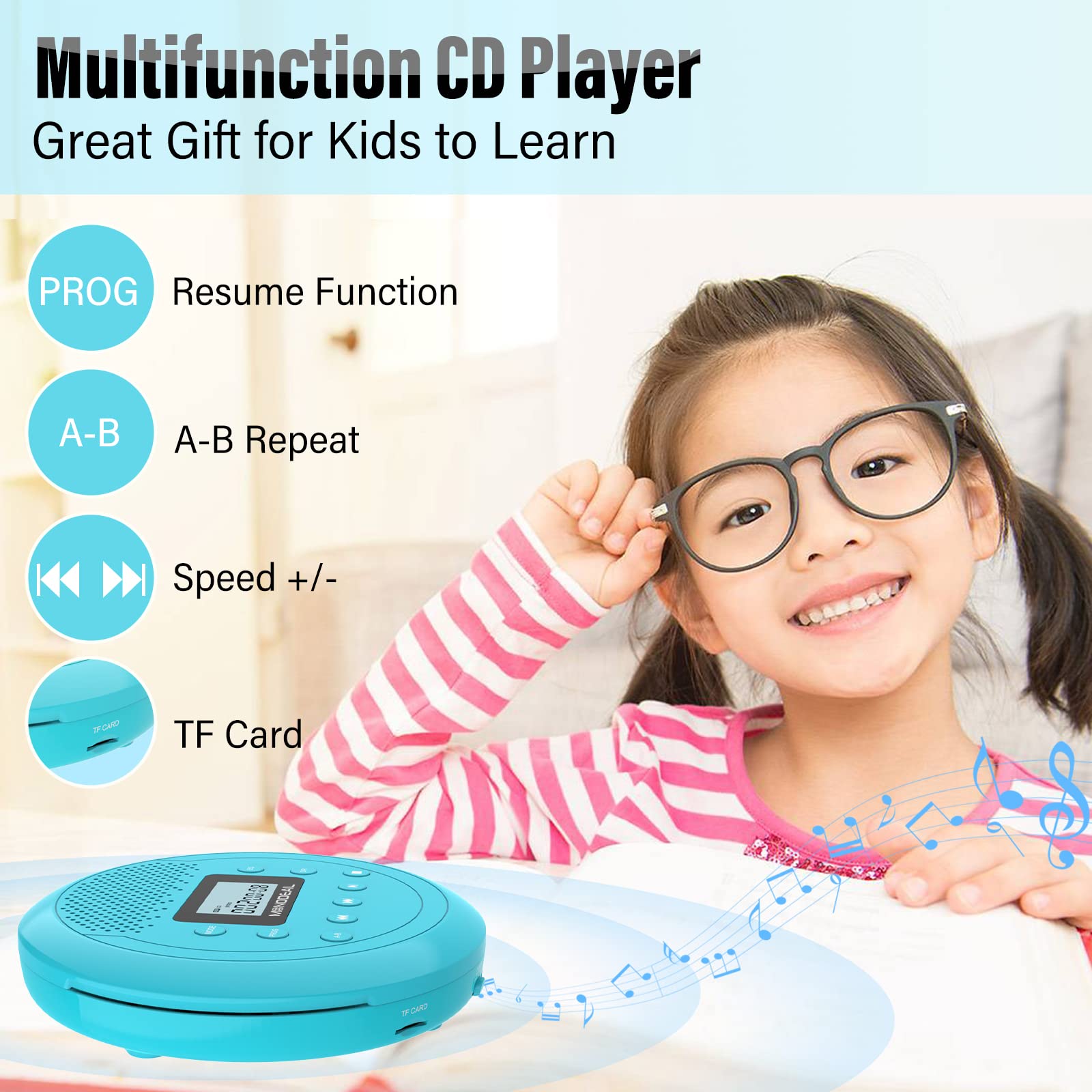 CD Player Portable | Speaker Built-in Rechargeable CD Player for Car and Home, Kids, Anti-Skip Player with Headphones(Cyan-Blue)