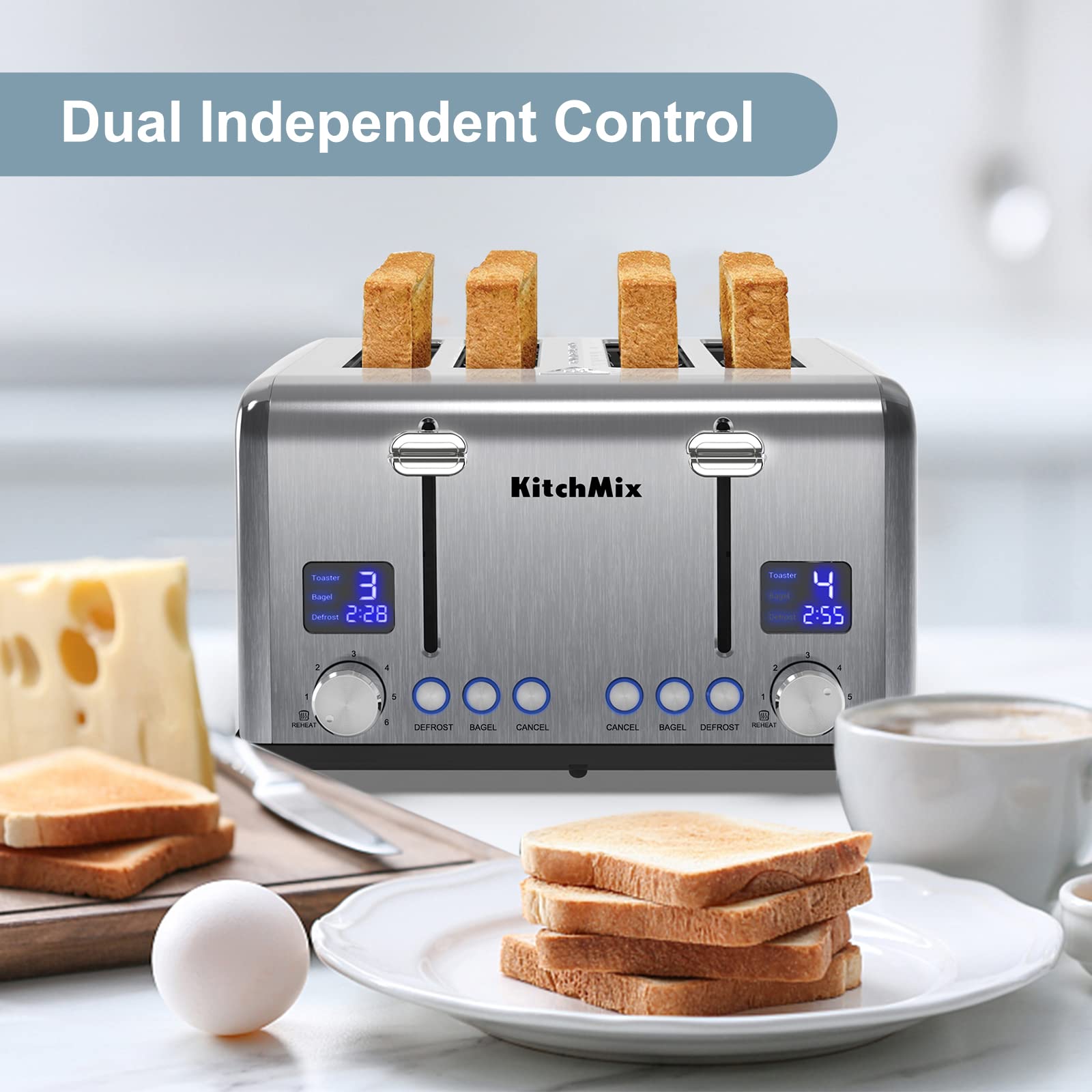 Tostadora de 4 rebanadas, tostadora de acero inoxidable KitchMix Bagel con temporizador LCD, ranuras extra anchas, pantalla doble, bandeja para migas extraíble (acero inoxidable)