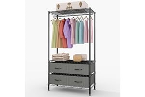 MilleLoom 35-Inch Freestanding Garment Rack with Adjustable Shelves and Four Fabric Drawers, Heavy Duty Clothing Organizer fo