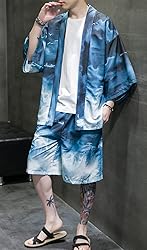 Ambcol Men's Japanese Style Kimono Tops Shorts Sets