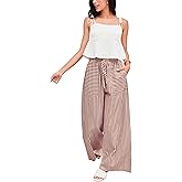 Yeokou Women's Wide Leg Pants Drawstring Striped Cotton Mid Rise Casual Long Palazzo Trousers with Pockets